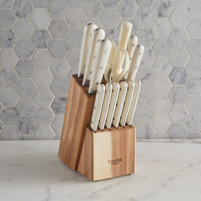 Martha Stewart Red Stainless Steel Cutlery Set with Wood Block (14-Piece)