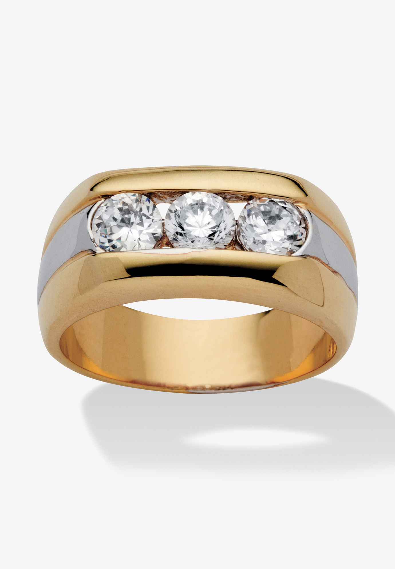 Men's Yellow Gold Plated Cubic Zirconia Two Tone 3 Stone Ring | King Size